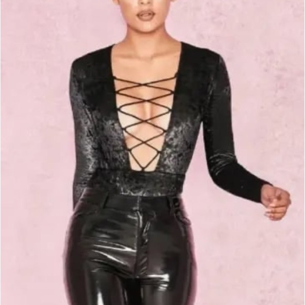 House of CB Black Lace-Up Metallic Bodysuit sz XS